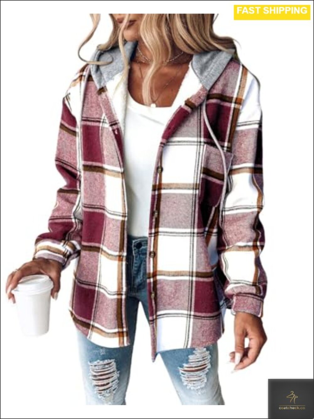 Plaid Hooded Fleece Lined Shacket Button Down Casual Jacket